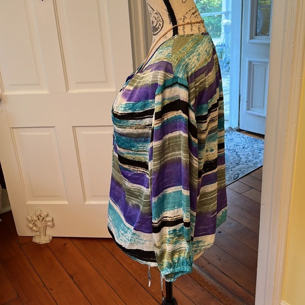 Zac & Rachel Abstract Stripes Satiny Blouson Top Sz L EUC - Picture 8 of 10